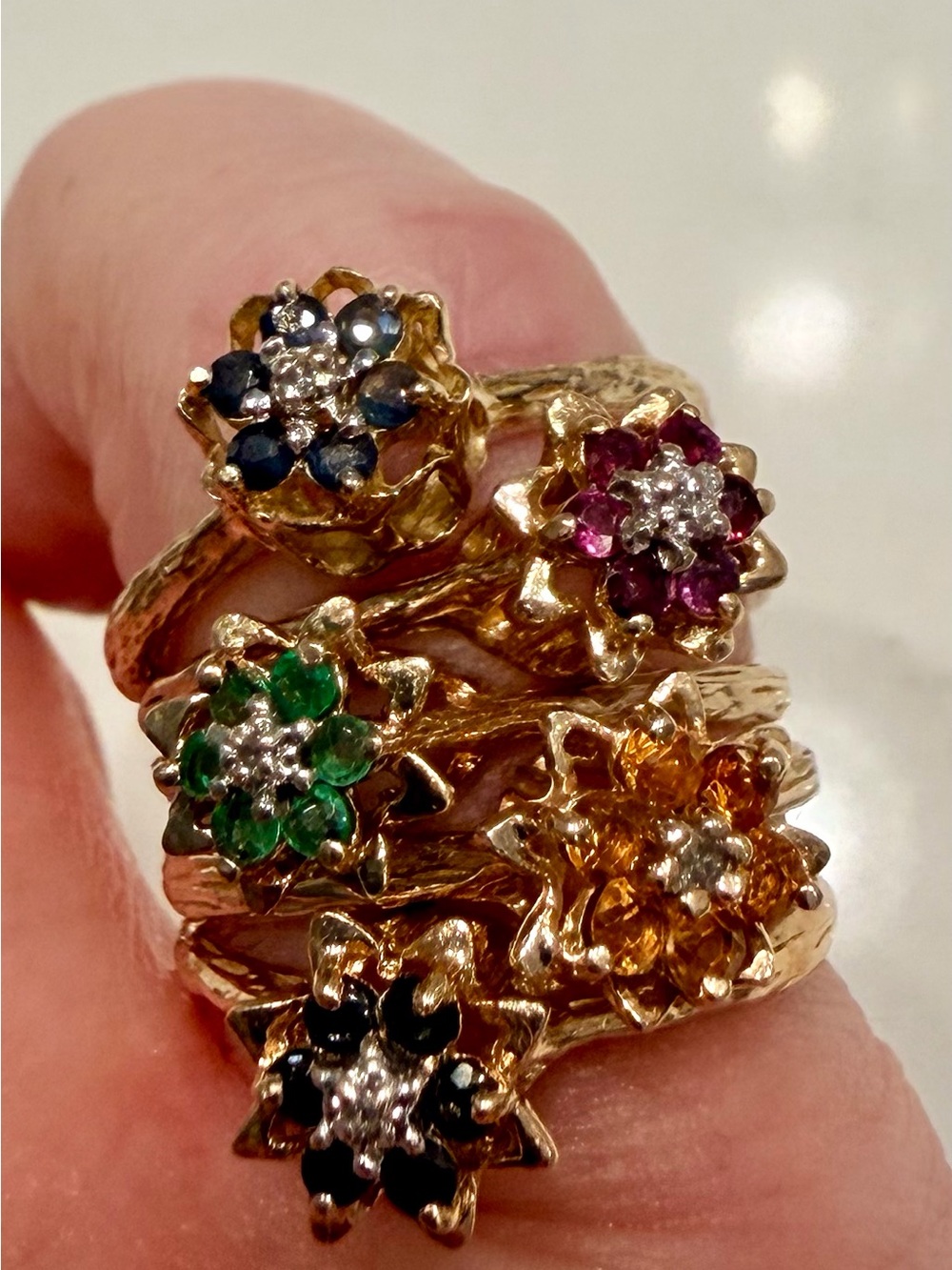 Vintage Set of 5 10k Gold Tulip Rings with Multi-Colored Gemstones